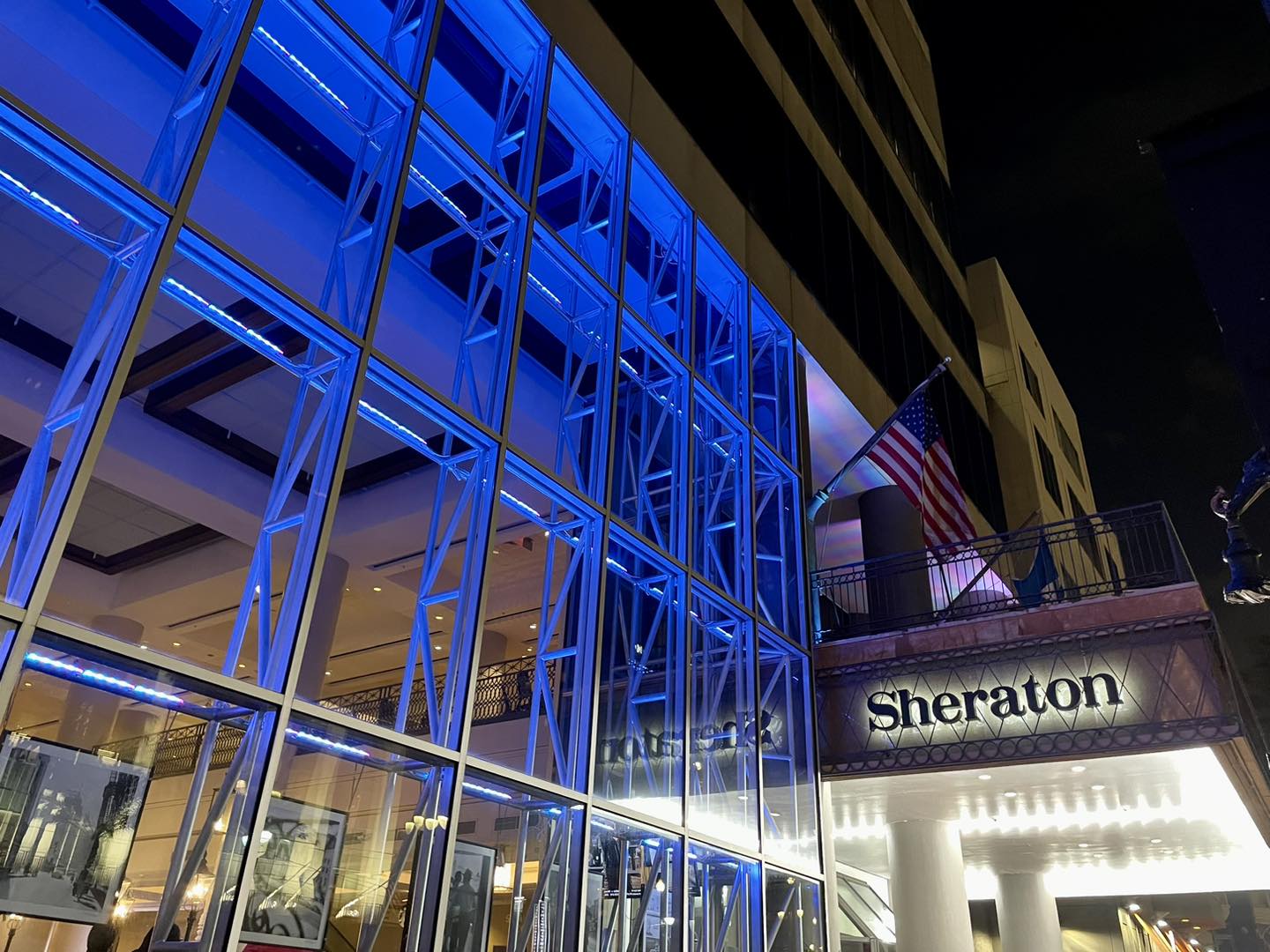 Sheraton Hotel New Orleans lit in blue light